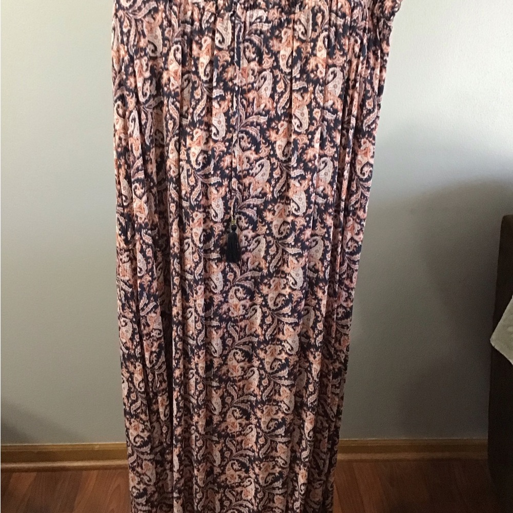 🌸Pink and Blue Maxi A-Line Skirt with Smocked Tie Front